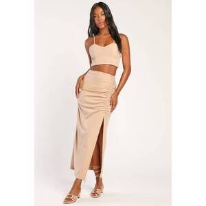 Lulus Delightful Double Tan Ribbed Two-piece Midi Dress Beige - Size M